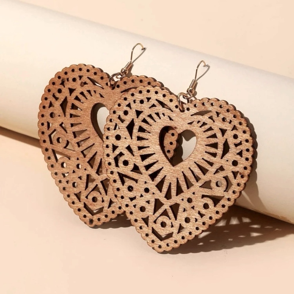 Wooden heart laser cut earrings